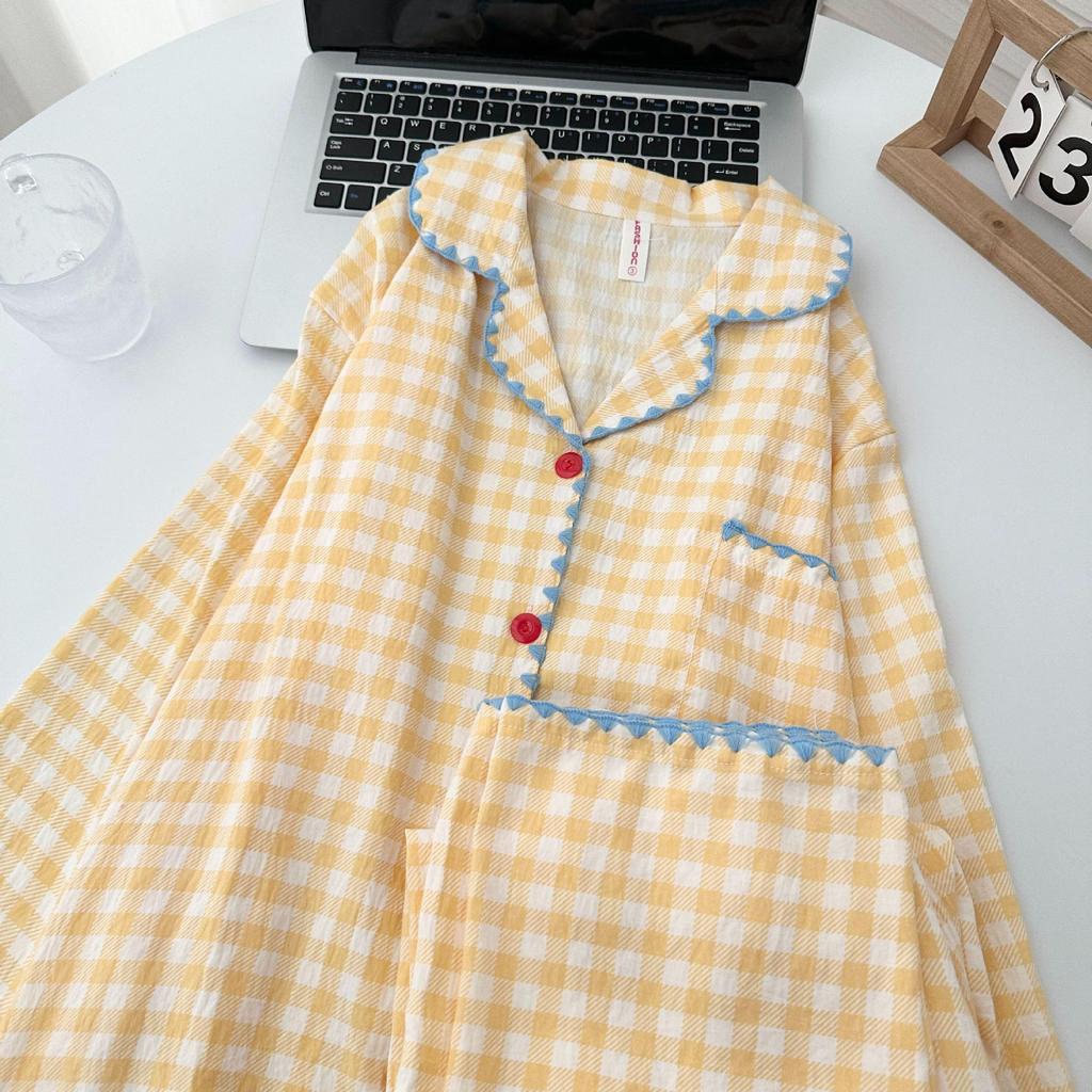 Yellow Plaid Shell-Edged Cloud Cotton Pajama Set for Women - Long Sleeve, Spring/Autumn Homewear with High-End Feel.