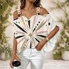 Women Plus Size Off Shoulder Double Strap Short Sleeve Top Blue White Swirl Rhinestone Print