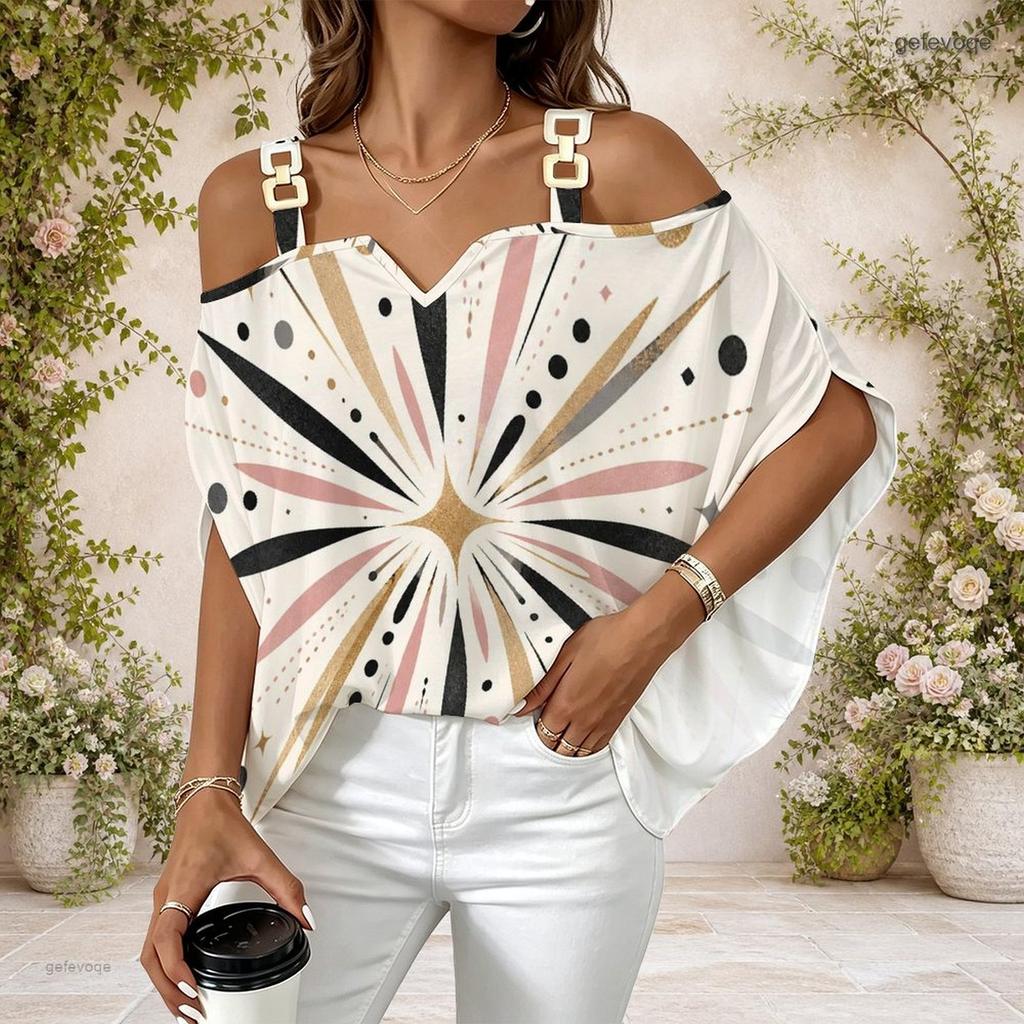 Women Plus Size Off Shoulder Double Strap Short Sleeve Top Blue White Swirl Rhinestone Print