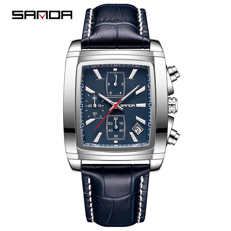 Sanda Trendige Herren-Quadrat-Quarzuhr mit Lederarmband, Wasserdicht, Kalender, Drei-Zifferblatt, Sechs-Zeiger-Design