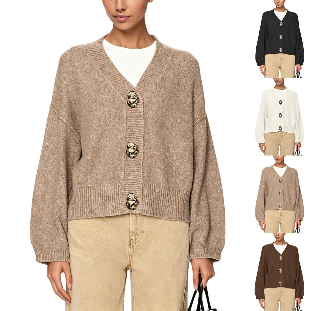 Damen Strickjacke Farbe Rundhals Lockerer Schnitt Langarm mit Großen Knöpfen