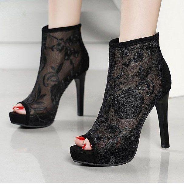 Sexy fashion mesh cool boots women's summer fish mouth high heels embroidered mesh boots single heel shoes women's thin heel high top sandals