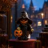 Small Halloween Pumpkin Decor Witch Statue with Pumpkin, Cute in Pointed Hat & Black Robe, Resin Gothic 3D Carving Decoration Tabletop for Desk