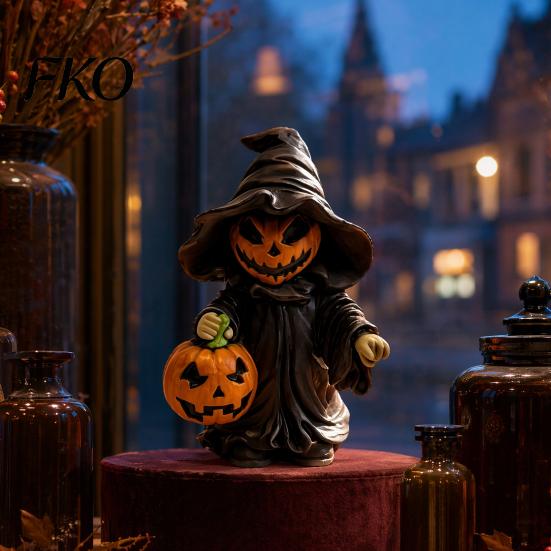 Small Halloween Pumpkin Decor Witch Statue with Pumpkin, Cute in Pointed Hat & Black Robe, Resin Gothic 3D Carving Decoration Tabletop for Desk