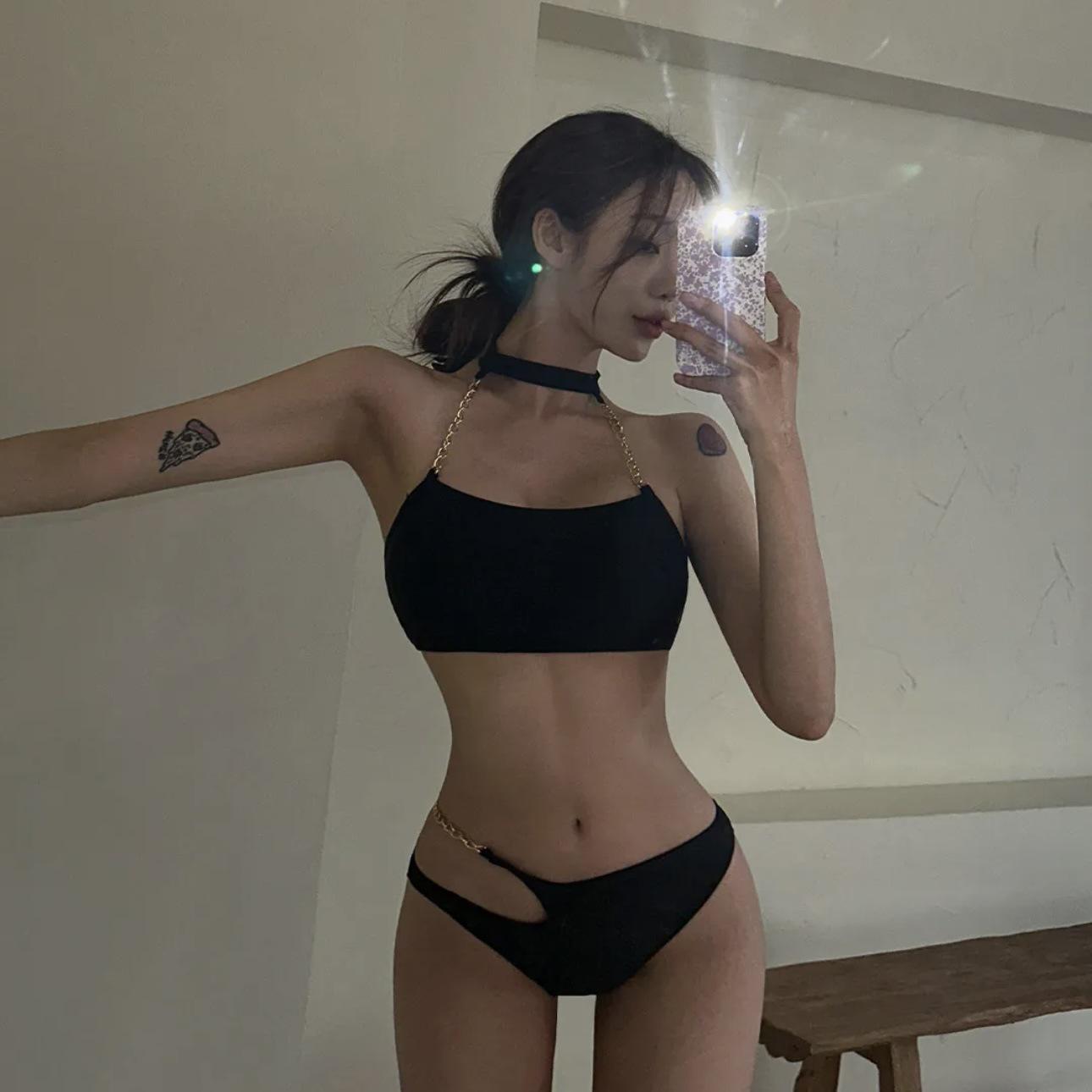 

Летний черный купальник бикини с цепочкой - японский и корейский стиль M чёрный