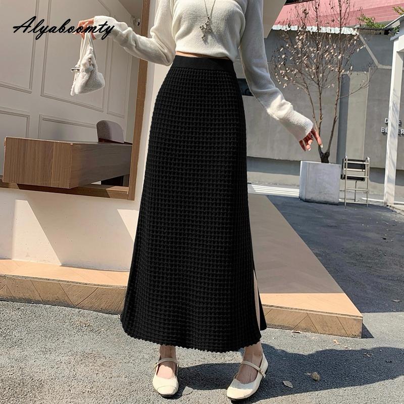 Korean Fashion Autumn Winter Women Split Skirt High Waist Waffle Pattern Knitting Skirt Knitted Elegant Feminine Black Gray Skirts