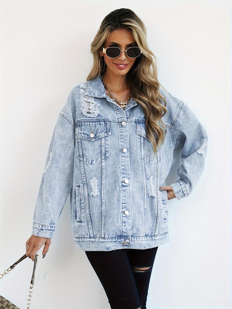 Women's Versatile Ripped Denim Jacket - European & American Style, Loose Fit
