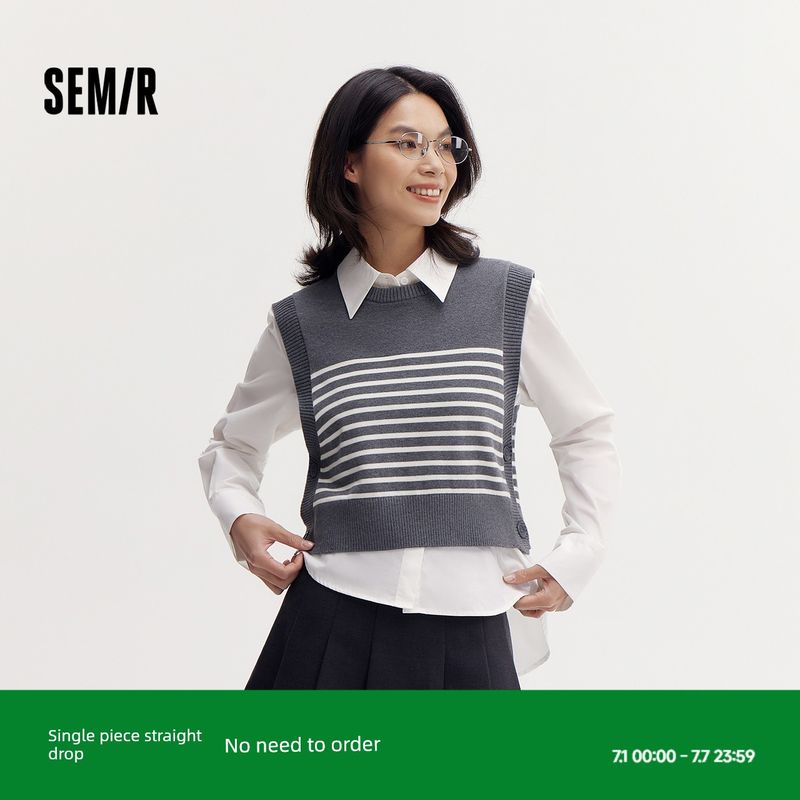 

[Тот же стиль, что и в торговом центре] Senma Свитер Женский Полоски Короткий Жилет Однотонная Рубашка 2024 Осень Новое поступление Свободный Костюм-двойка Coffee and white 00351 150/76A/XS