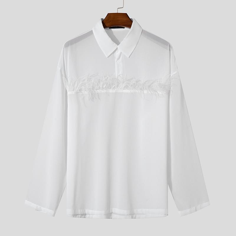 

INCERUN Чоловічі сітчасті прозорі сорочки з довгими рукавами, прозорі топи з китицями в стилі печворк 3XL білий