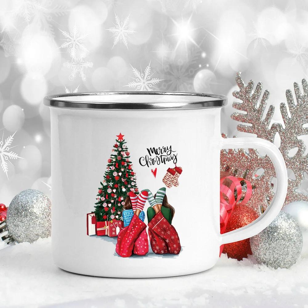 Happy Holidays! Printed Mugs Enamel Handle Drink Beer Juice Cups Girl Christmas Tree Coffee Cup Xmas Eve Gift For Lover  Friend