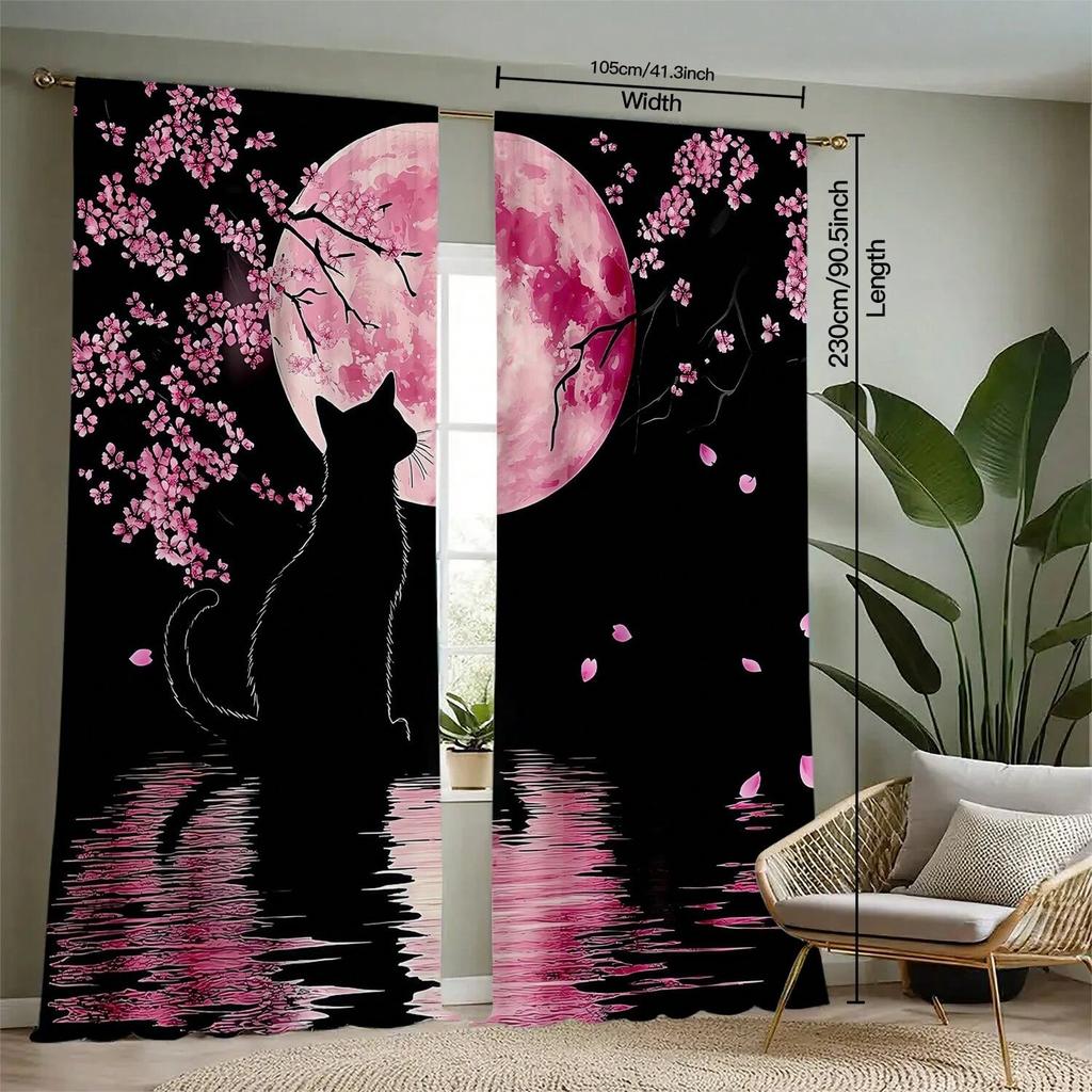 Klasyczne zasłony do sypialni w stylu azjatyckim z motywem kwiatu wiśni i czarnego kota w fazie księżyca, zasłony dekoracyjne do salonu