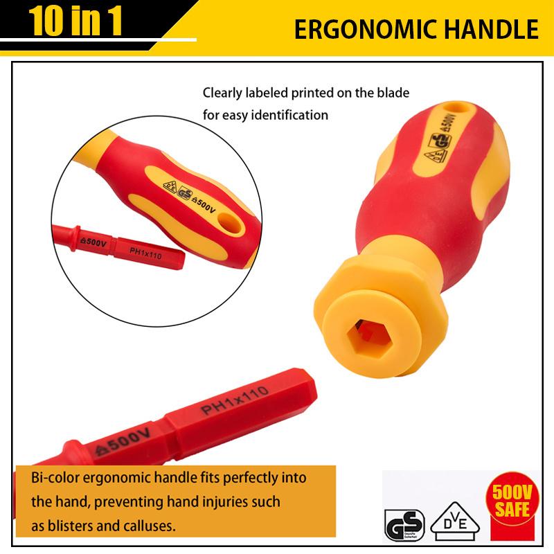 Jeu de 10 tournevis isolés VDE à lame interchangeable avec étui Magnétique 500V Usage domestique et professionnel Outils d'électricien