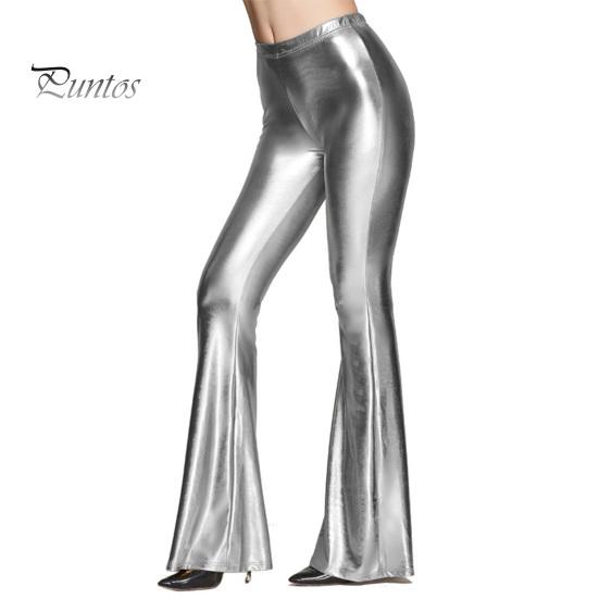 

Женские расклешенные брюки средней посадки с глянцевой поверхностью, однотонные длинные брюки, расклешенные брюки для выступлений, вечеринок, брюки из искусственной кожи XL серебряный