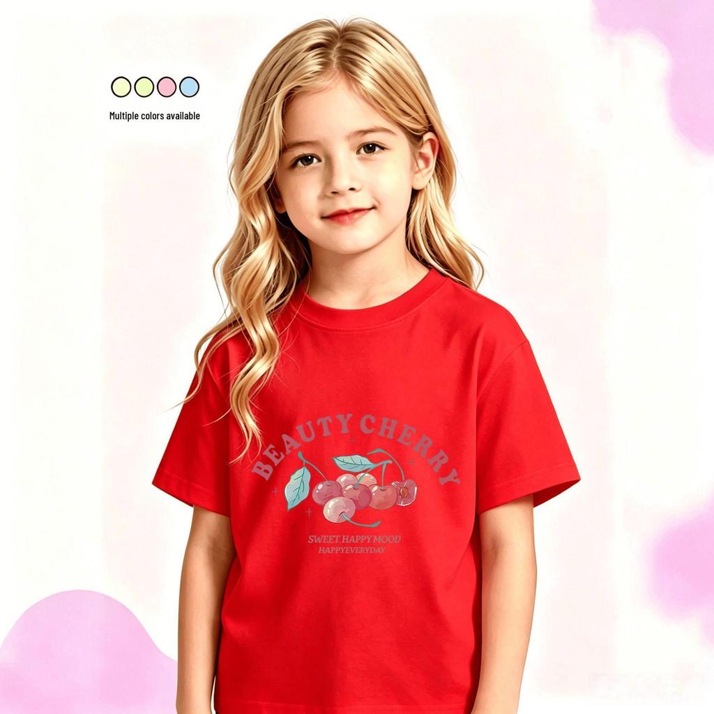 Cherry Print Short Sleeve T-shirt for Boys & Girls - Summer Round Neck Top