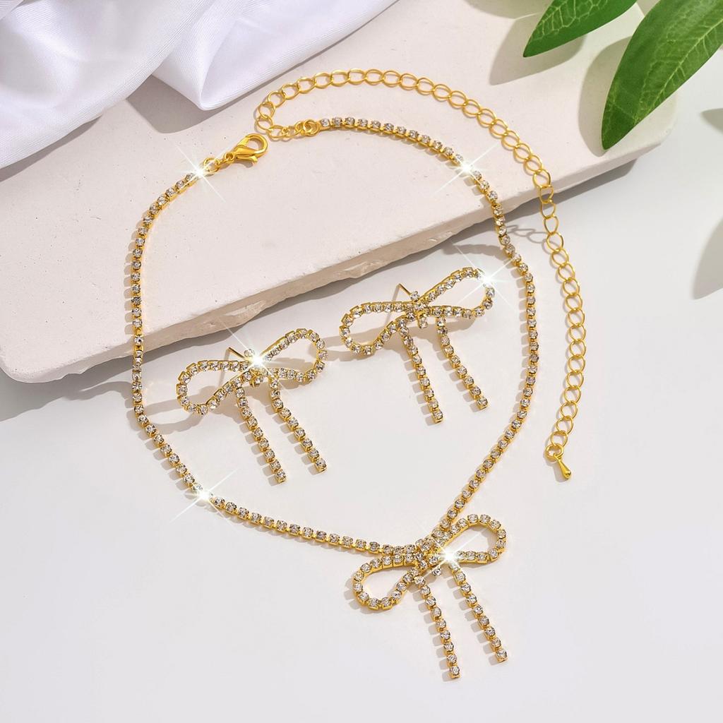 2025 New Simple Colorful Elegant Shiny Bow Earrings Necklace Set  Set  Accessories Suitable For Bridal Wedding Party Gift