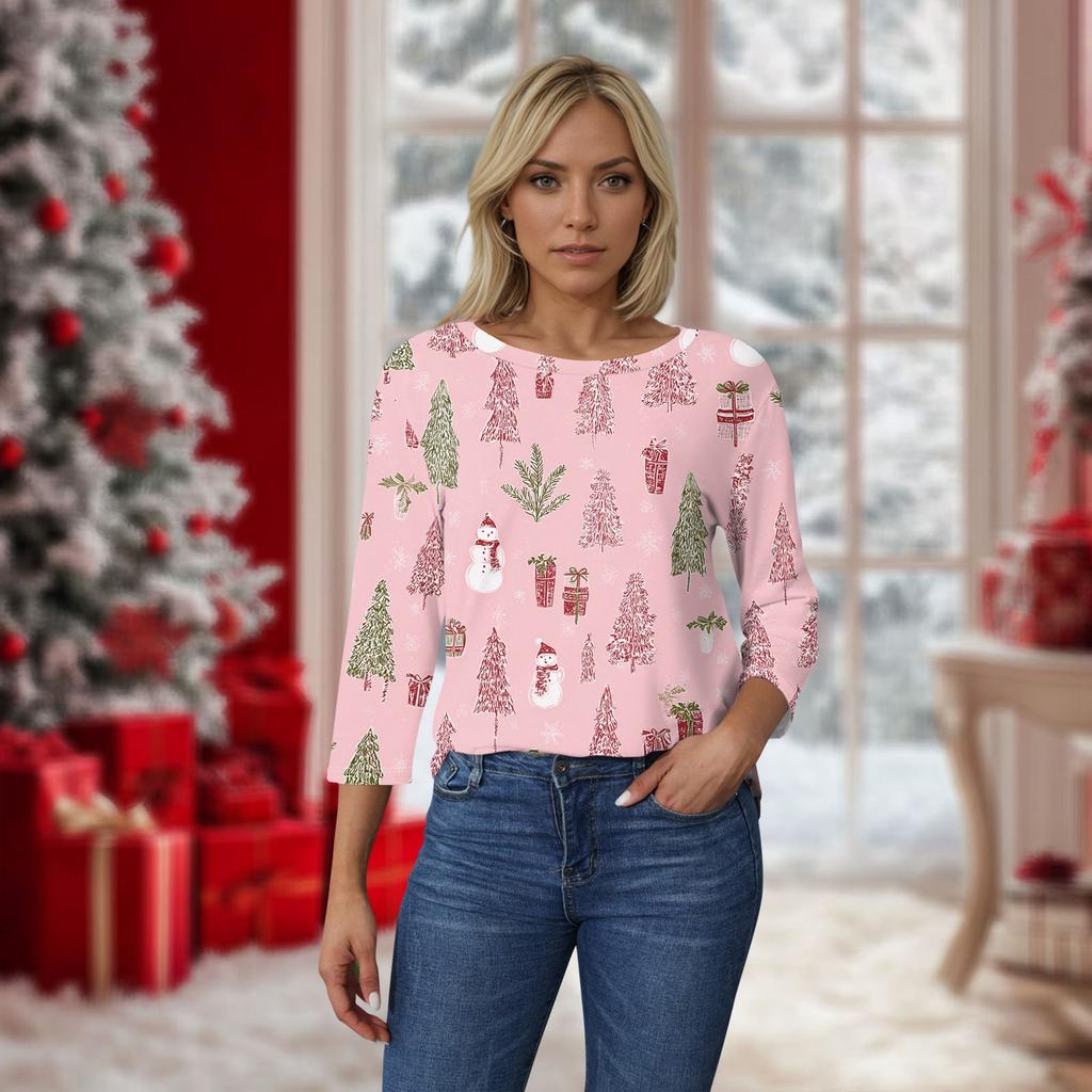 Top de damă cu decolteu O cu mâneci 3/4 cu imprimeu de Crăciun