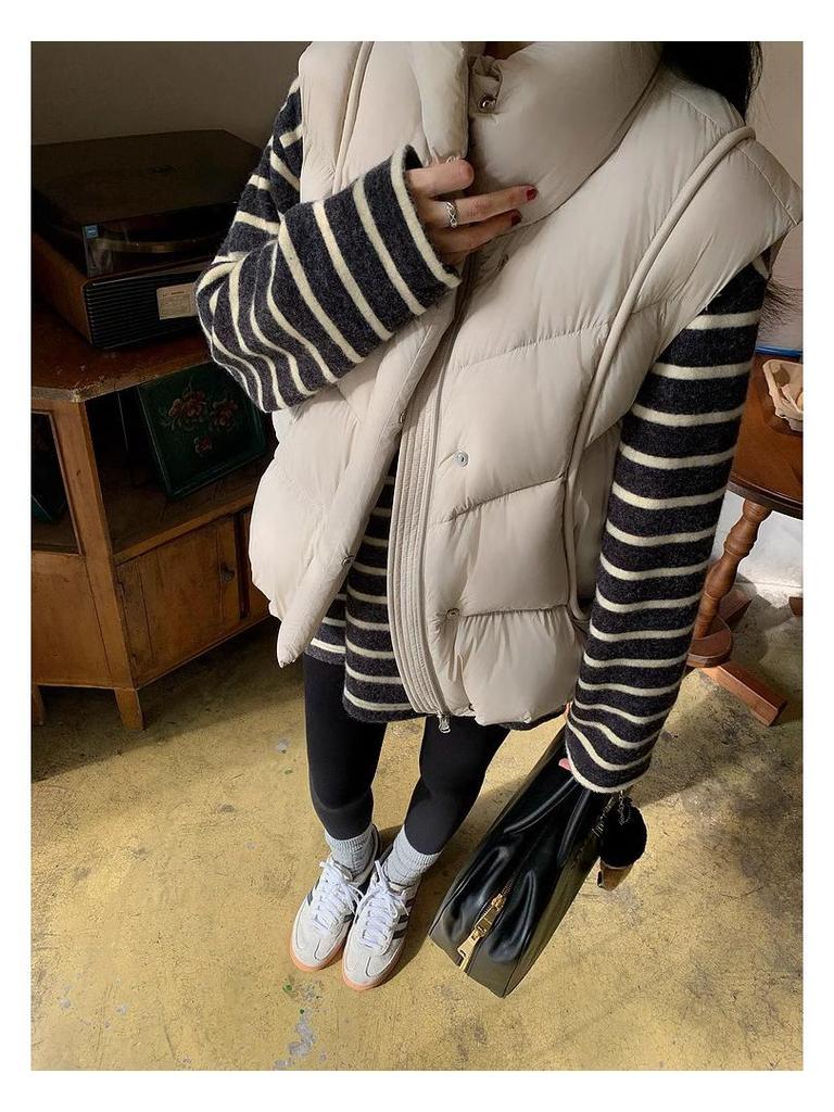 Autumn/Winter Japanese Style Color Block Stripe Loose Fit Round Neck Top