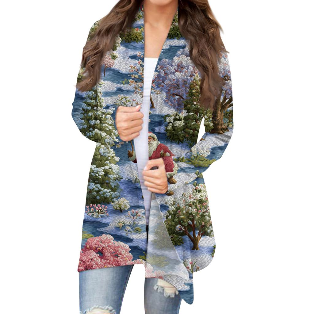 Women's Fashion Christmas Print Jacket Long Sleeve Casual Cardigan Coat