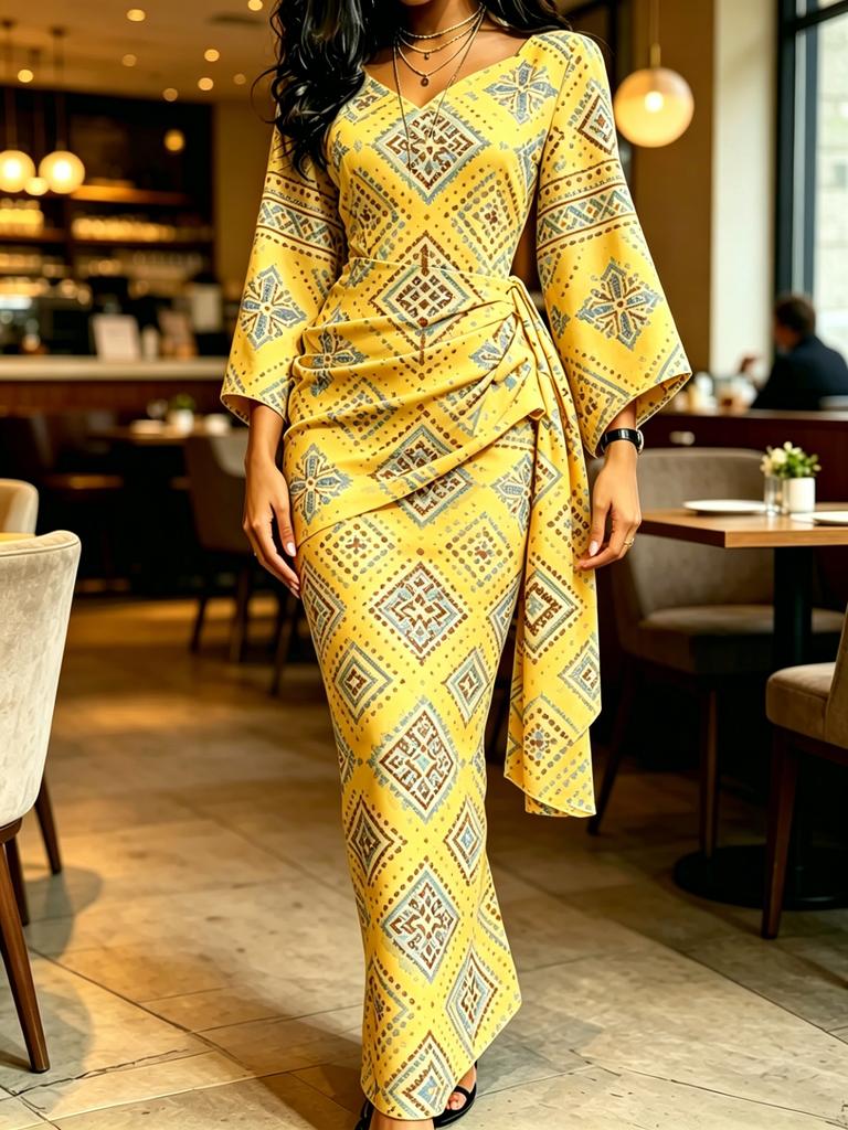 Women's Yellow Ethnic Diamond Print Wrap Maxi Dress V Neck Flare Sleeve Vintage Party Dress