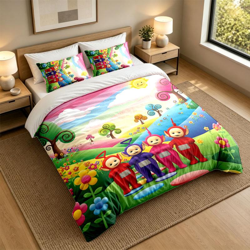 3Pcs Bedding SetTeletubbies Soft Bed Sheet and Two Pillowcases Home Bedroom Decor