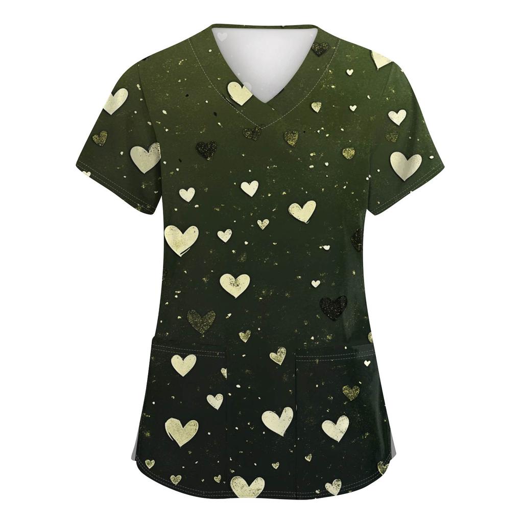 Women's Fashion V-Neck Short-Sleeved Workwear With Pockets Valentine's Day Printed Top Caregiver Uniform