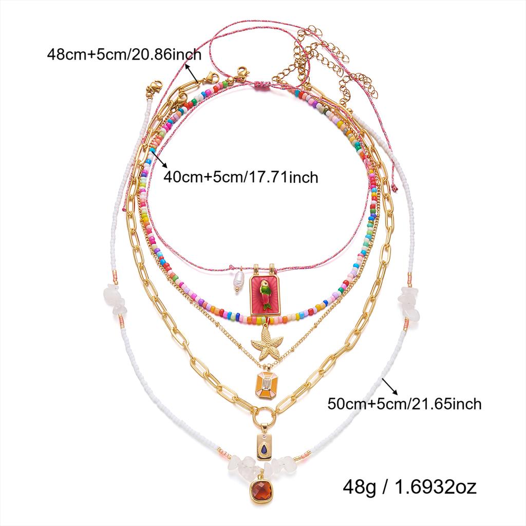 5PCS/Set Fashionable Multi-Layer Starfish Drop Oil Square Fish Pendant Beaded Necklace for Women Colorful Choker Cool And Trendy