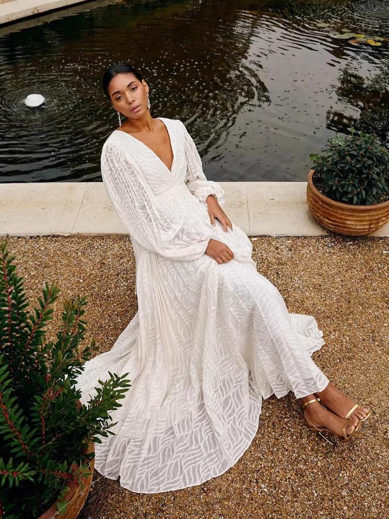 European American Women's Long Sleeve Jacquard Evening Gown with Pleated Lantern Sleeves 8171