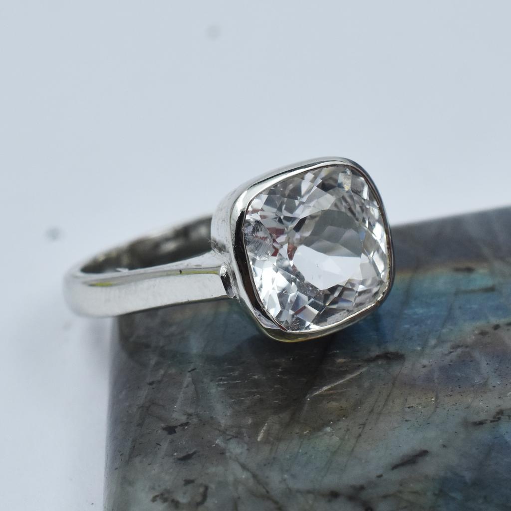 Natural White Sapphire Square Cushion Cut Silver Ring 22.60 Ct certified AR-3135-Sa