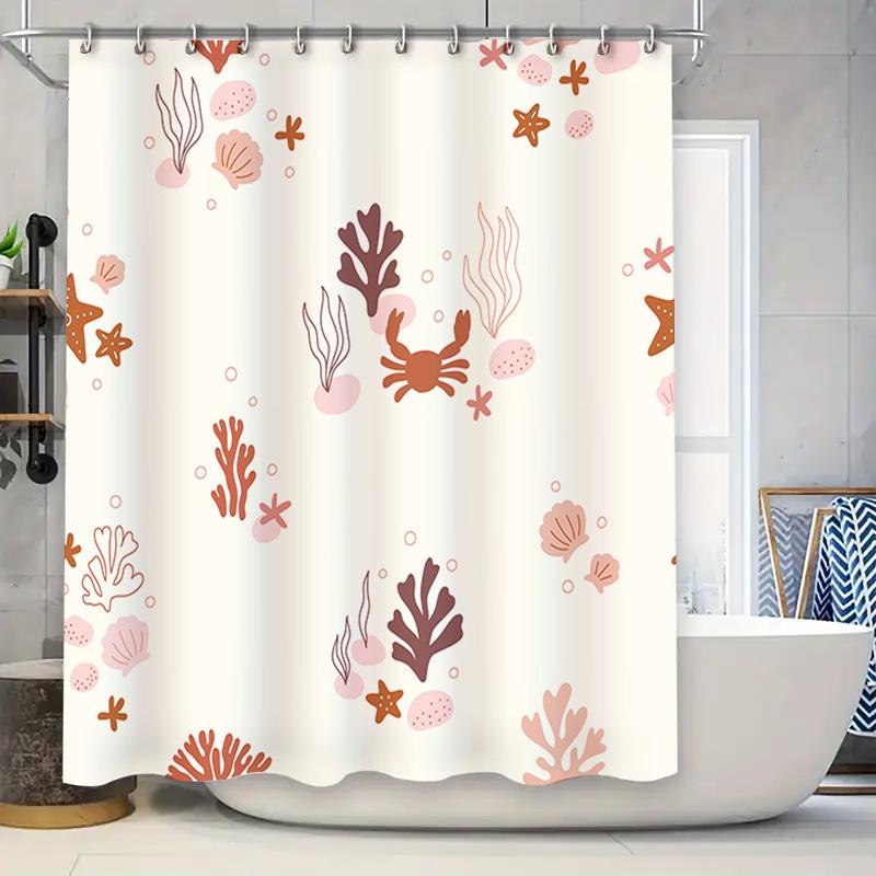 

Underwater World Shower Curtain Modern Sea Life Design For Bathroom Decor White Fabric With Pink Brown Seashells, Starfish Coral W60H190(CM)-1 Pcs