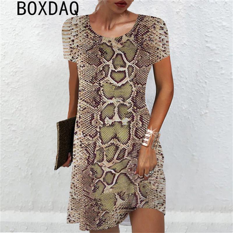 3D Sexy Snake Print Mini Dress Big Size Women Sexy Short Sleeve O-Neck Loose Dress Summer Beach Party Dress Sundress Vestidos
