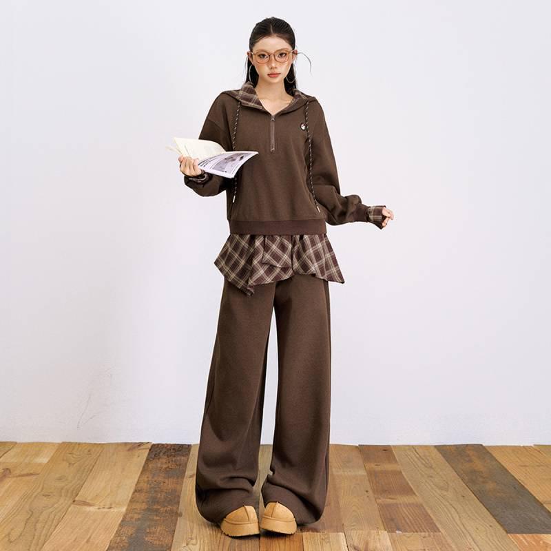 Retro Long Sleeve Hooded Jacket & Skirt Pants Set
