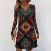 Women's Long-sleeved Casual Midi Dresses V-Neck Print  Casual Dress