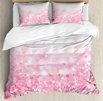 Set Biancheria da Letto Rosa Pallido per Camera da Letto Casa Albero di Ciliegio Giapponese Sakura con Copripiumino Romano Coperta e Federa