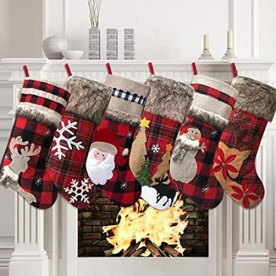BRvieluck Christmas Stockings Set of 6 Buffalo Red Plaid with Soft Faux Fur for Family Fireplace Hanging Large 20 Inches Xmas Stockings Decorations