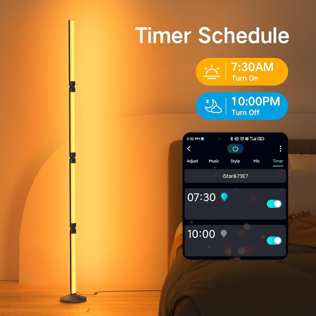 Smart LED Corner Floor Lamp Dimmable RGBICWW Remote Control Voice Music Sync Timer for Bluetooth DIY Foldable Standing Light