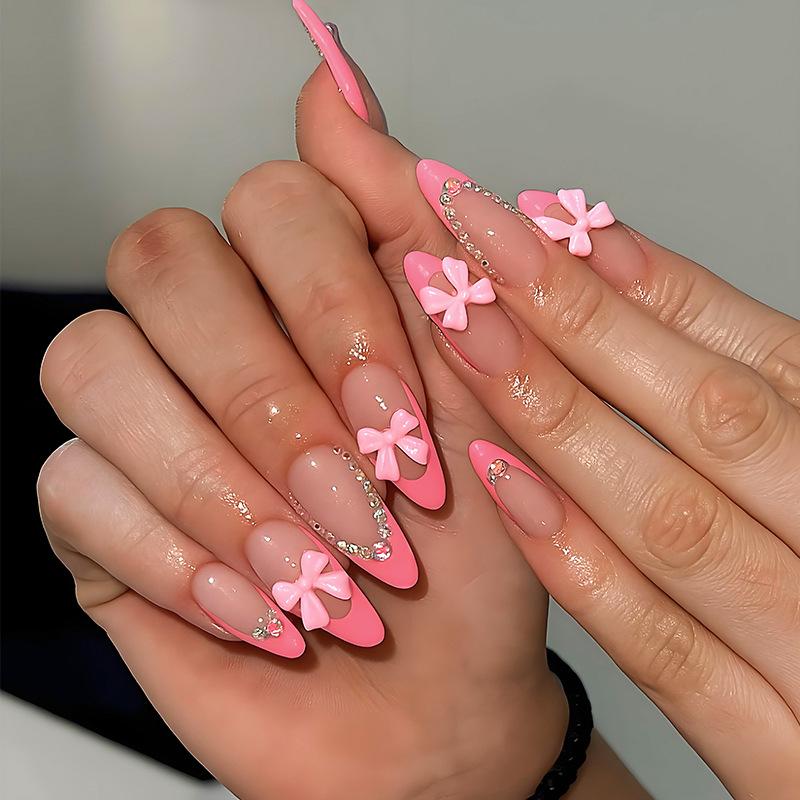 24Pcs Almond French Tip Press On Nails Nude With 3D Bowknot Design Reusable Stick On False Nails
