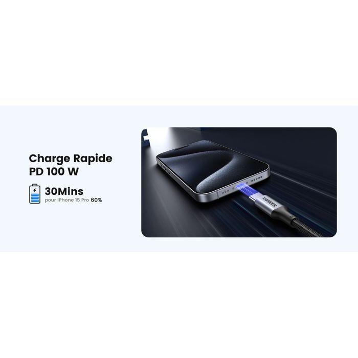 Câble USB-C - UGREEN - Câble renforcé type C vers C - 1 m - 100W - Noir