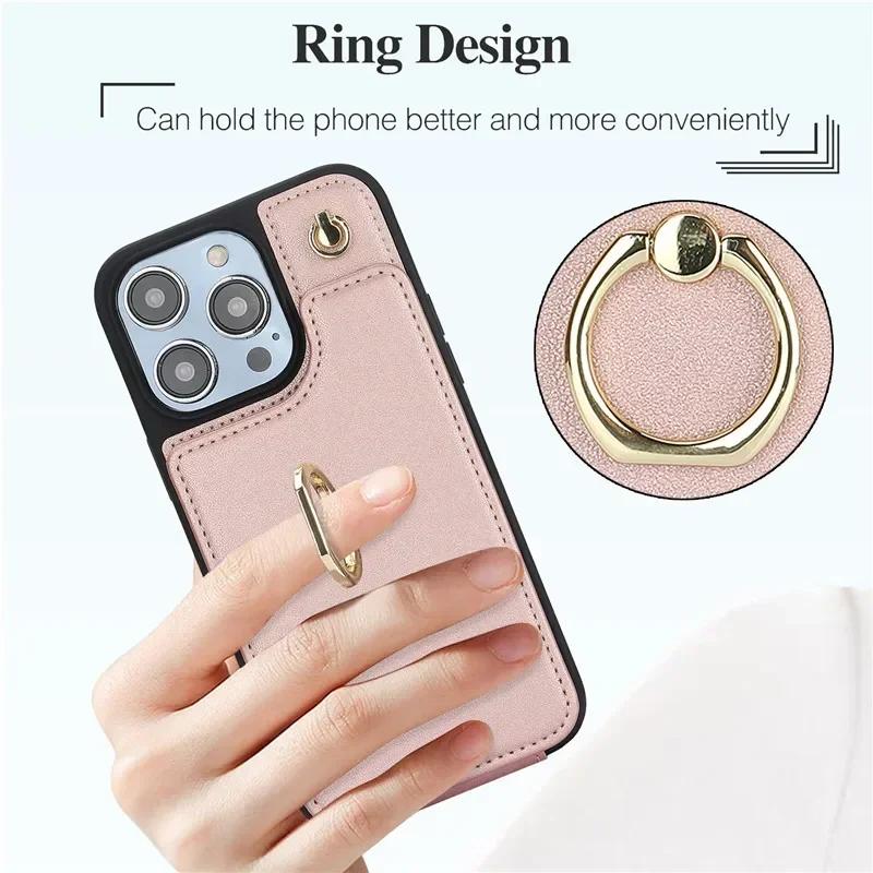 Ring Crossbody Leather Wallet Card Solt Phone Case for iPhone 16E 16 Pro Max 15 14 Plus 13 12 11 X SE 2022 Flip Purse Cover Bag