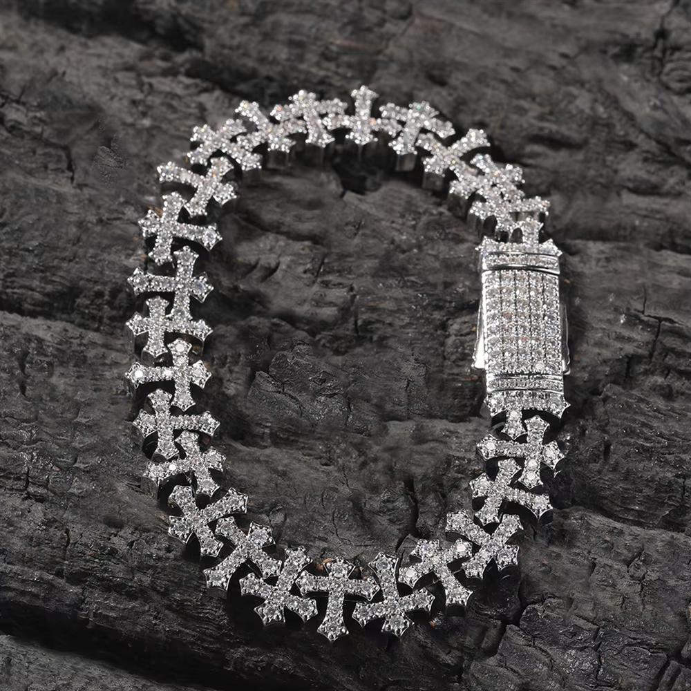 11.5mm Iced Out 5A CZ Brass Cross Link Bracelet Spring Clasp Vintage Religious Hip Hop Jewelry for Men