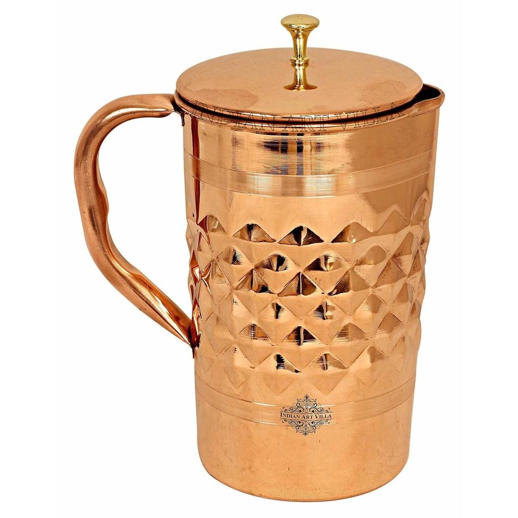Dinamond Hammered Design Copper Jug Pitcher with Brass Knob, Storage & Serving Water, Yoga Ayurveda Healing, Volume- 2000 ML