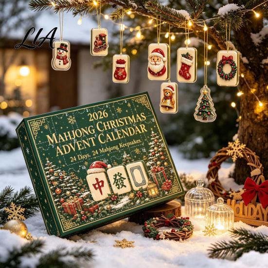 24 Day Countdown Calendar Chinese Mahjong Tile Advent Calendar, 24-Day Christmas Set with 2D Atmosphere Decor Acrylic Ornaments, Tree Hanging