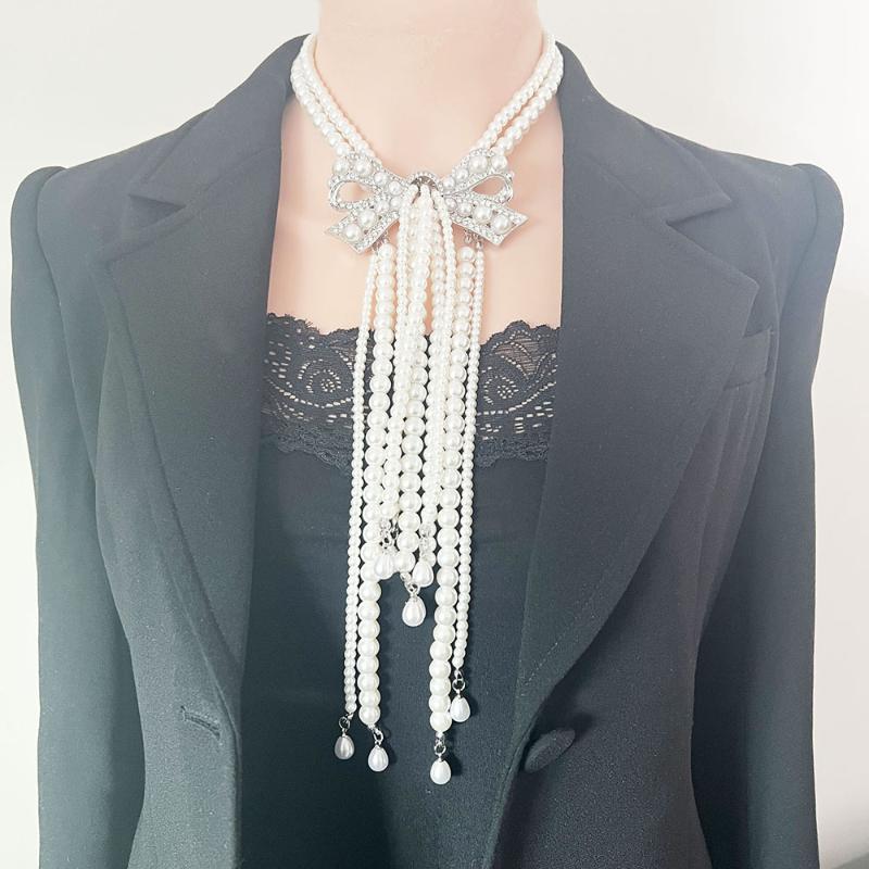 Light Luxury High-End Full Diamond Bow Pearl Tassel Necklace Banquet Runway Dress Accessories For Women Gift