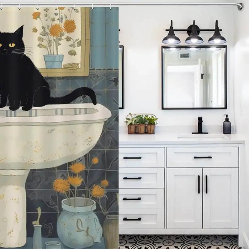 Black Cat Shower Curtain, Funny Cat Sit On The Wash Basin Bathroom Waterproof Curatin, Cute Animal Bathing Curatin