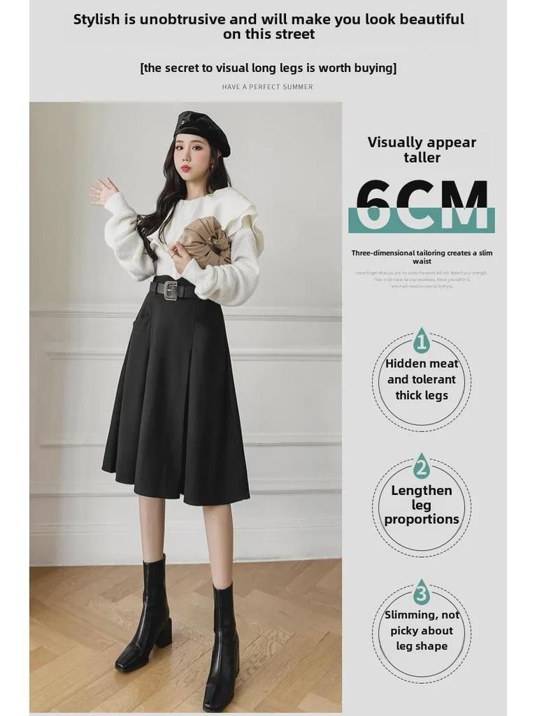 French-Style Mid-Length Woolen A-Line Skirt for Women - Autumn/Winter High Waist Temperament Skirt