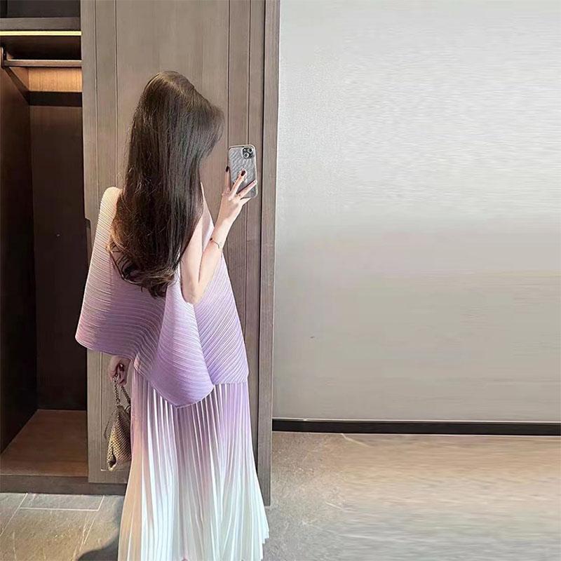 Purple Lifetime Small Fragrance Set Skirt for Women Summer New Pleated O Neck Sleeveless Shirt Two Piece Set Of Female Tops