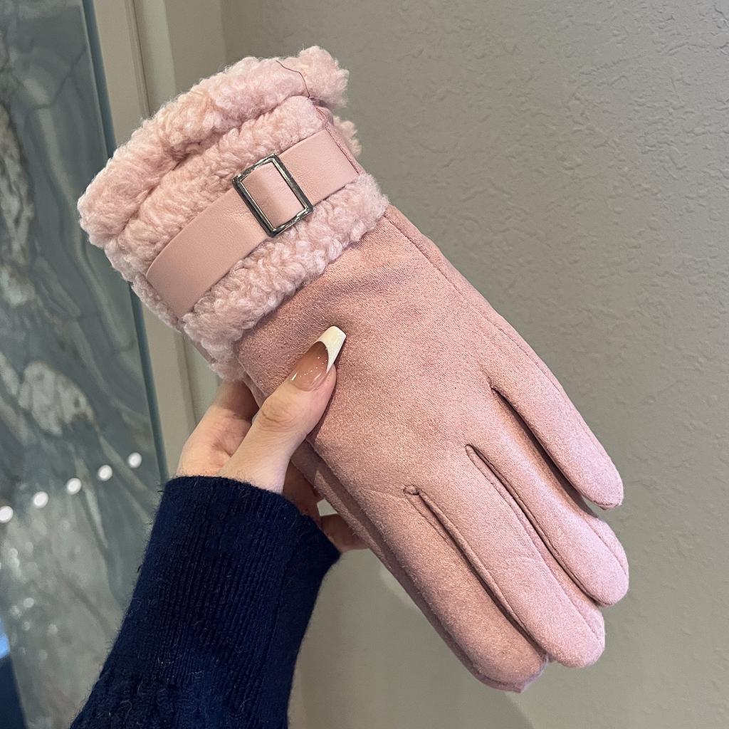 Plush Thickened Warm Gloves for Women In Winter Outdoor Cycling Windproof and Cold Proof  Touch Screen Lamb Plush Five Finger