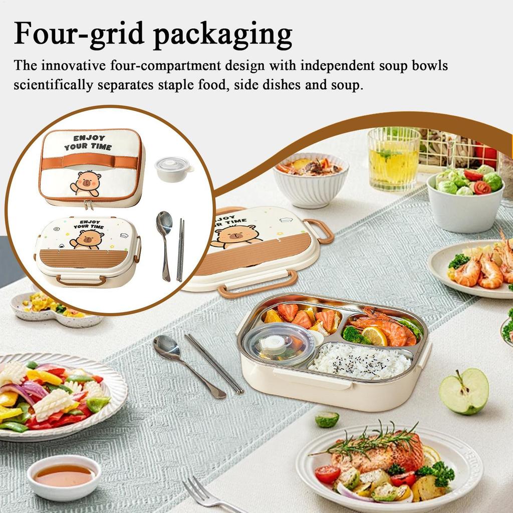 Stainless Steel Lunch Box 4-Compartment Lunch Containers For Adults With Cutlery Microwave-Safe Leakproof Meal Storage Box With