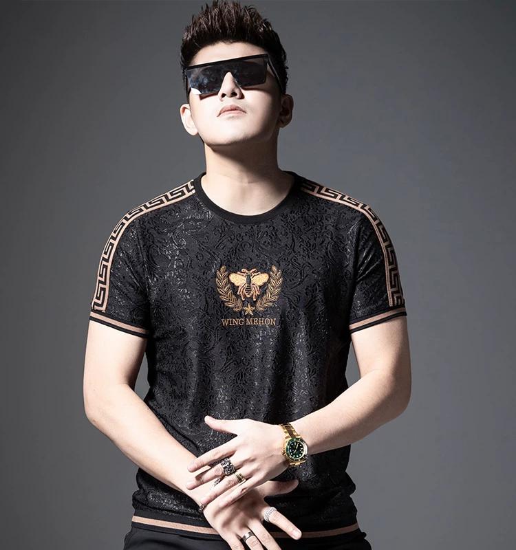 

Light Luxury Short-Sleeve Men s Trendy Brand 2025 New Style Half-Sleeve Fashion Slim-Fit Jacquard Tape Patchwork Small Bee Embroidery T-Shirt L чёрный