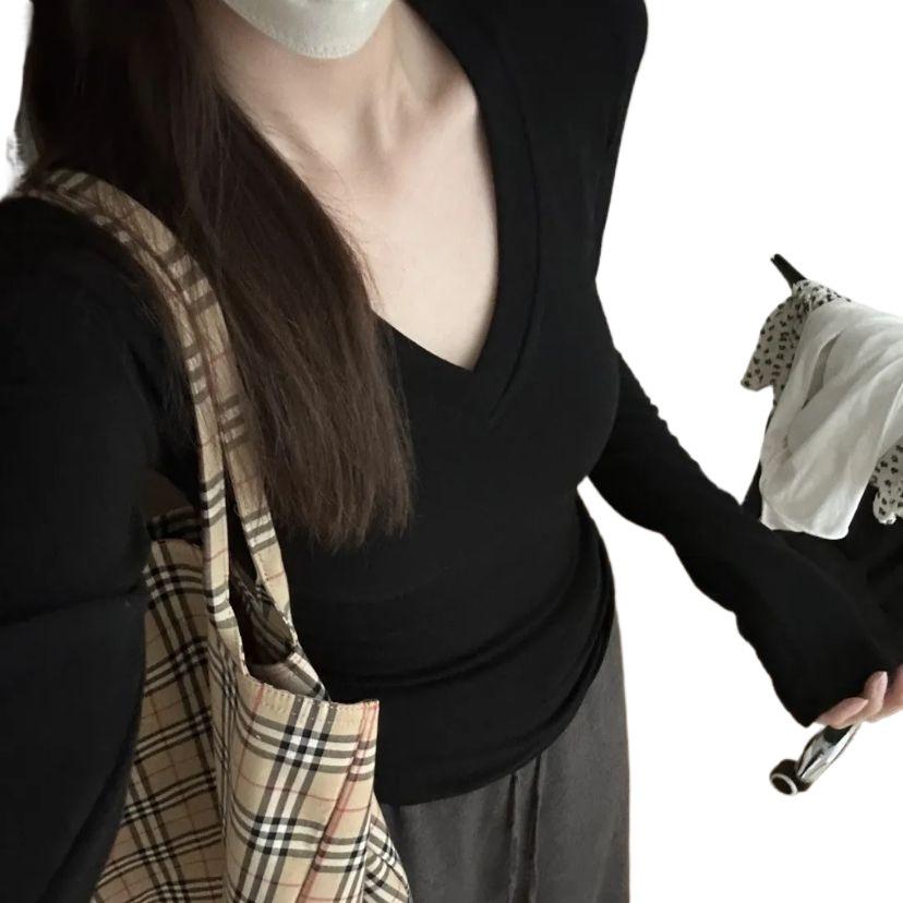 Damen einfarbiges V-Ausschnitt Langarm Bodycon Top - Herbst/Winter 2025