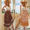 Women Red Floral Print Beach Bohemian Skirt High Elastic Waist Rayon Cotton Boho Maxi Skirts Femme